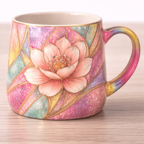 Modern Artistic Coffee & Tea Mug Pair – Pink golden Peach Orange Blue Design cover image.