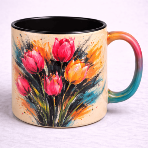 Modern Beige Mug Pair with Colourful Tulip & Jasmine Floral Artwork cover image.