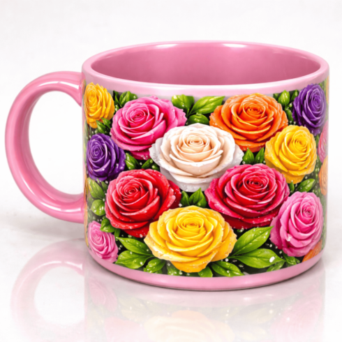 Stylish Playful Pink and Sky Blue Coffee Mug Pair with Shiny Multicolour Roses cover image.