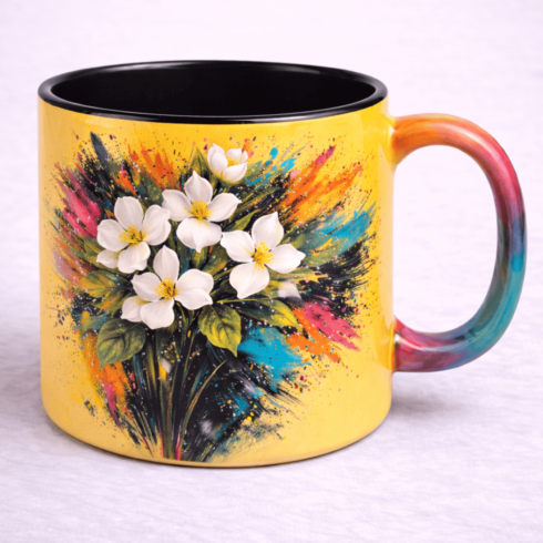 Yellow Ceramic Mug Pair with Multicolour Jasmine & Tulip Artwork cover image.