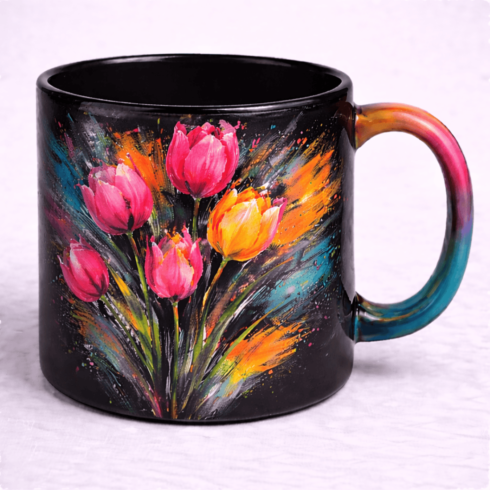 Black Ceramic Mug Mockup with Multicolour Jasmine and Tulip Painting cover image.