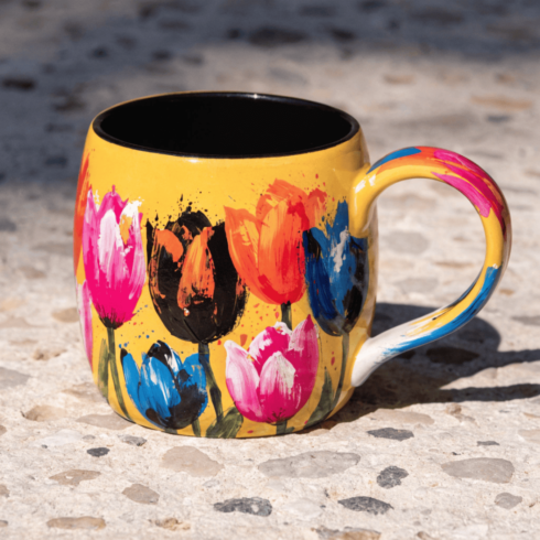 Colorful Tulip Bloom Coffee Mug Mockup Pair with Multicolour Handle cover image.