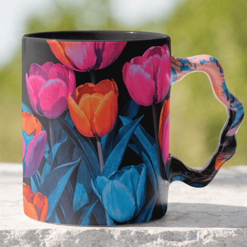 Artistic Black Coffee and Tea Mug Mockup Pair with Multicolour Tulip Pattern cover image.