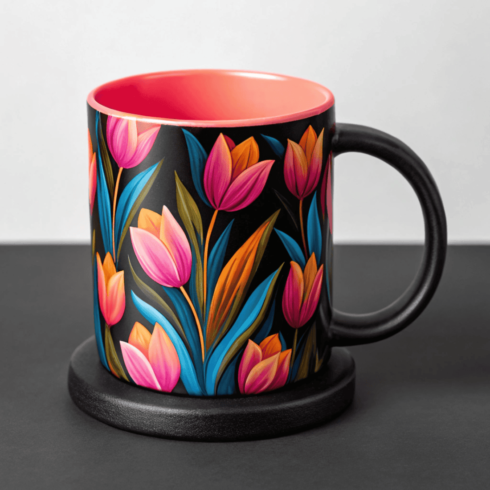 Elegant Black Mug Mockup Pair with Multicolour Tulip Floral Illustration cover image.