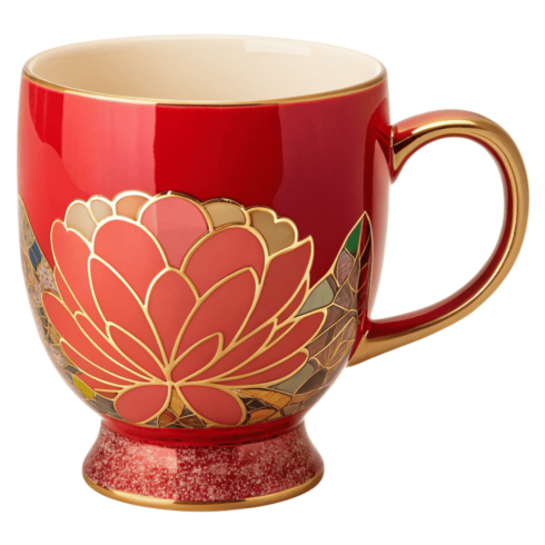 Vibrant Red Coffee and Tea Mug Pair with Artistic Multicolour Flower Illustration cover image.