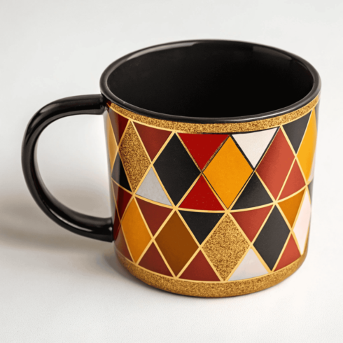 Modern Geometric Coffee and Tea Mug Mockup Duo in Red, Black, Mustard Yellow & Cream cover image.