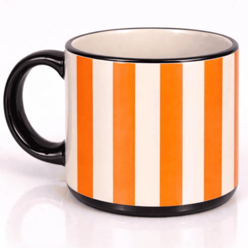 Elegant Cream Mug mockup pair with Orange and playfulpink silver Vertical Stripe Pattern cover image.