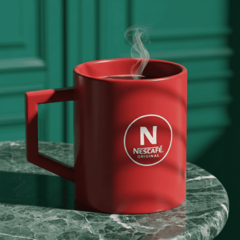 Bold Red Nescafé Coffee Mug Mockup Pair in Elegant Style cover image.