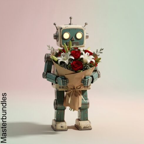 A small retro vintage robot that has fresh flower bouquet on a pastel background cover image.