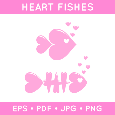 Multipurpose heart fish and fish bone graphics in pink color - 2 pink flat illustrations in EPS, PDF, PNG, JPG formats cover image.