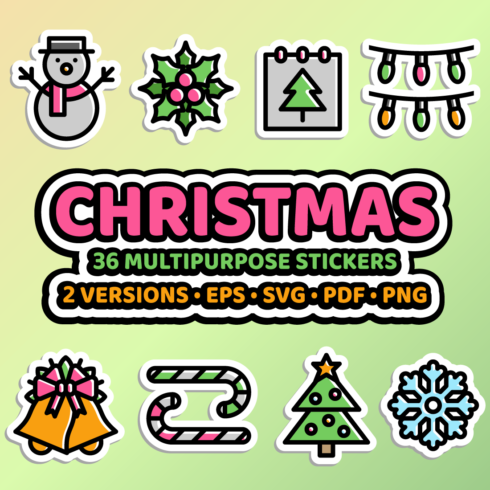 Christmas Sticker Bundle in Two Versions - 36 Editable Christmas Stickers in Eps, Svg, Pdf, Png Formats cover image.