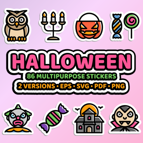 Halloween Sticker Bundle in Two Versions - 86 Editable Halloween Stickers in Eps, Svg, Pdf, Png Formats cover image.