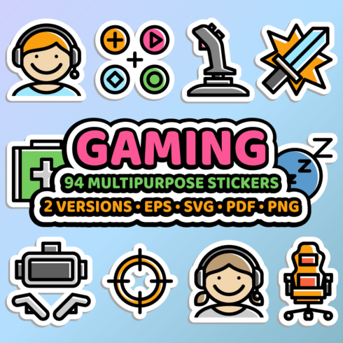Gaming Sticker Bundle in Two Versions - 94 Editable Gaming Stickers in Eps, Svg, Pdf, Png Formats cover image.