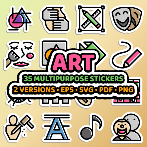 Art sticker bundle in two versions - 35 editable art stickers in EPS, SVG, PDF, PNG formats cover image.