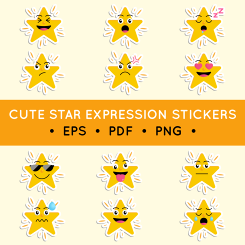 Cute shining star feeling expression stickers in EPS, PDF, PNG formats cover image.