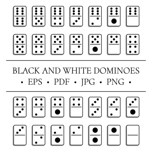 Full Set of Black and White Dominoes - 28 Black and White Flat Dominoes in EPS, PDF, PNG, JPG Formats cover image.