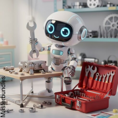 Cute 3D Robot Fixing with Wrench and Toolbox – Repair Concept cover image.
