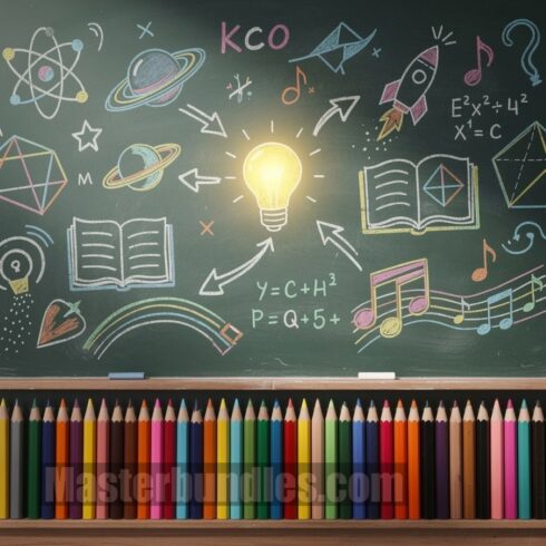 Creative Education Chalkboard Illustration – Colorful Drawings & Pencils Concept cover image.
