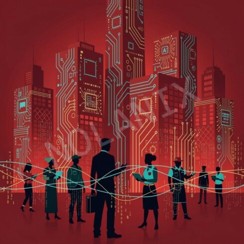 The Economics of AI in Labor Workforce – Abstract Cityscape with Human Figures and Future Work Concept cover image.