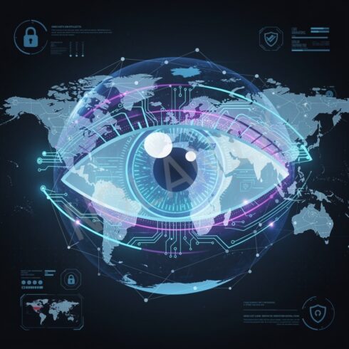 Human Android Cyborg Eye Part 2 – Blue Polygonal Futuristic Security and AI Technology Vector cover image.
