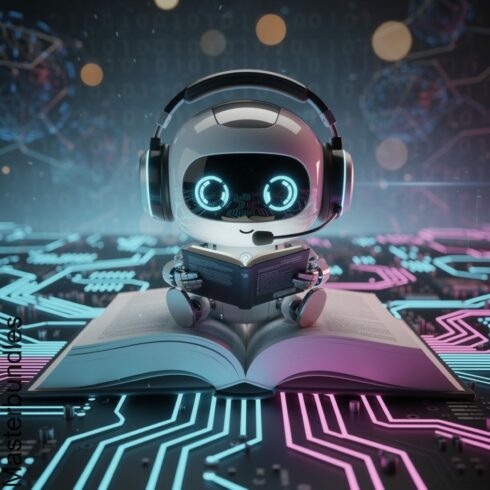 Vibrant Robot Holding a Magnifying Glass Examining a Futuristic Display cover image.