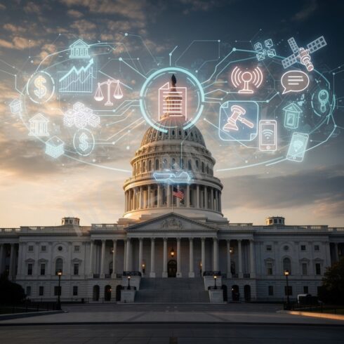 US Capitol Building with Digital Overlay – Interconnected Government and Technology Concept cover image.
