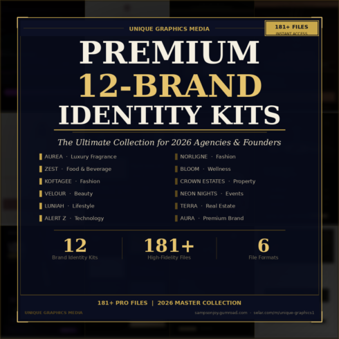 Premium 12-Brand Identity Kits Bundle | Professional Logo & Social Media Templates Master Collection cover image.