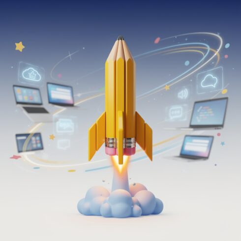 Back to School Creative Banner with Pencil Rocket Launch for Online Learning Concept cover image.