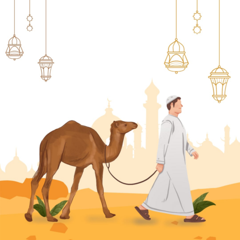 Eid-ul-Adha Celebration illustration Man with Camel in Desert cover image.