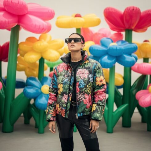 Confident Woman in Floral Puffer Jacket and Bold Sunglasses Among Colorful Background cover image.
