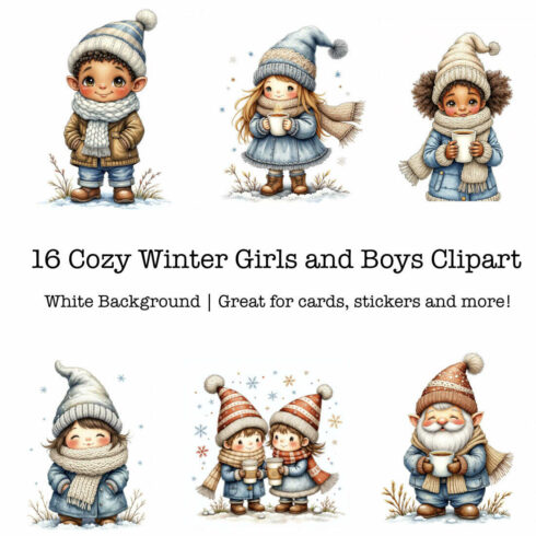 AI Cozy Winter Girls and Boys clipart cover image.