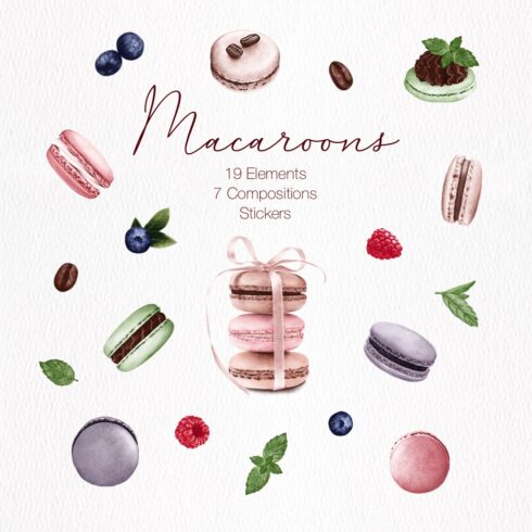 Macarons Mini Collection – 19 Elements, 7 Compositions, Printable Sticker Sheet cover image.