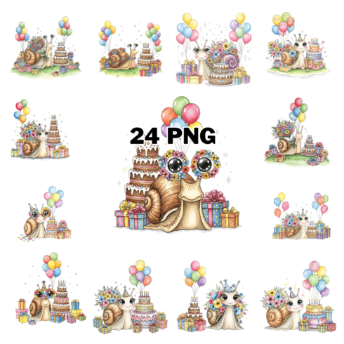 Watercolor Birthday Snail Sublimation Clipart Bundle cover image.