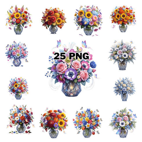 Elegant Floral Arrangements in Glass Vases Sublimation Clipart Bundle cover image.