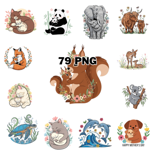 Cute Animal Mother and Baby Mother's Day Sublimation Clipart Bundle cover image.