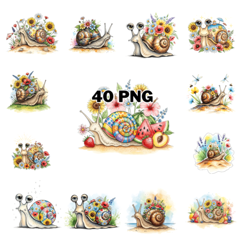 Watercolor Summer Snail Sublimation Clipart Bundle cover image.