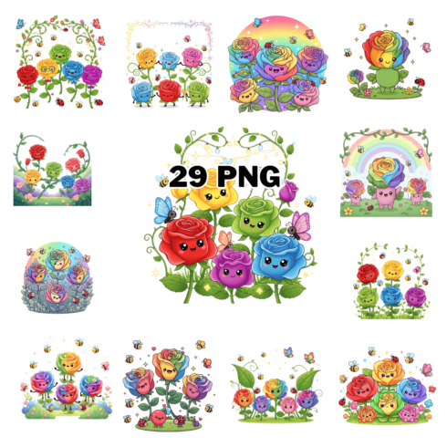 Cute Rainbow Rose Characters with Ladybugs and Bees Sublimation Bundle cover image.