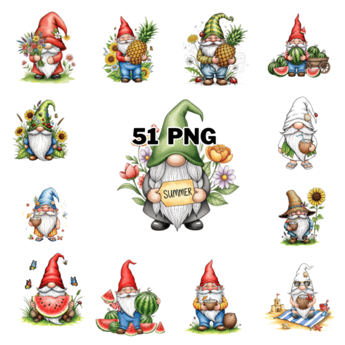 Watercolor Summer Gnome Sublimation Clipart Bundle cover image.