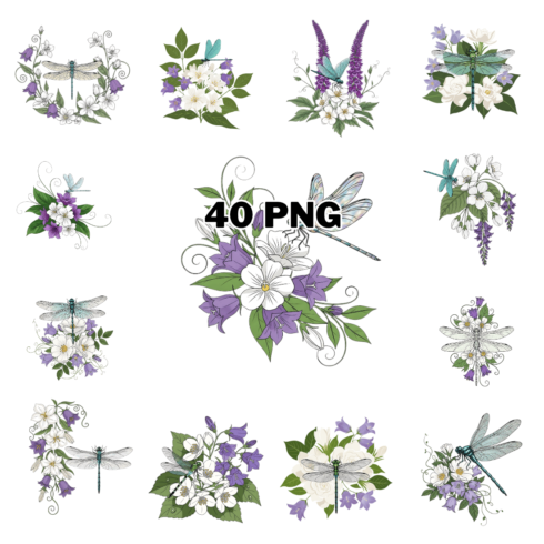 Floral Dragonfly with Purple Bells and White Blossoms Sublimation Clipart Bundle cover image.