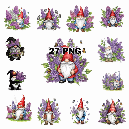 Garden Gnome with Purple Lilac Flowers Sublimation Clipart Bundle cover image.