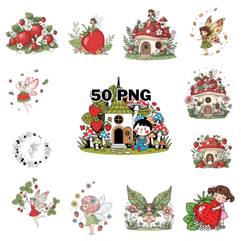 Whimsical Berry Fairies and Mushroom Village Sublimation Clipart Bundle cover image.