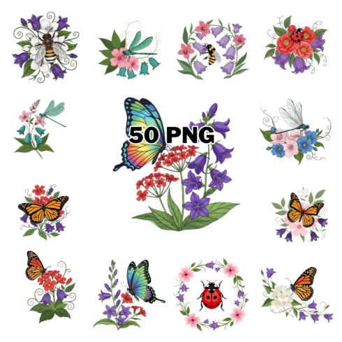 Whimsical Garden Meadow Floral Insects Sublimation Clipart Bundle cover image.