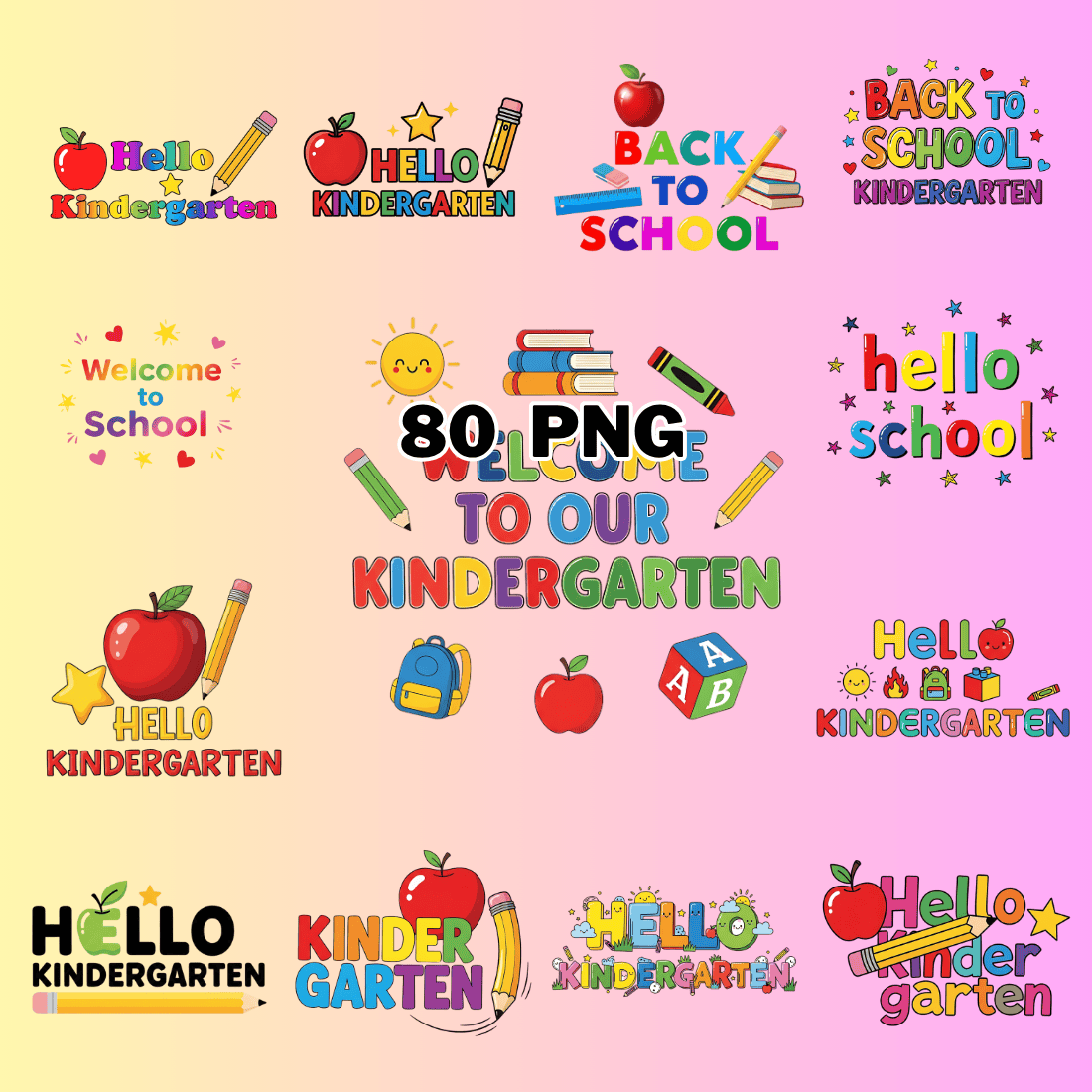 Cute Typography Kindergarten Back to School Sublimation Clipart Bundle ...