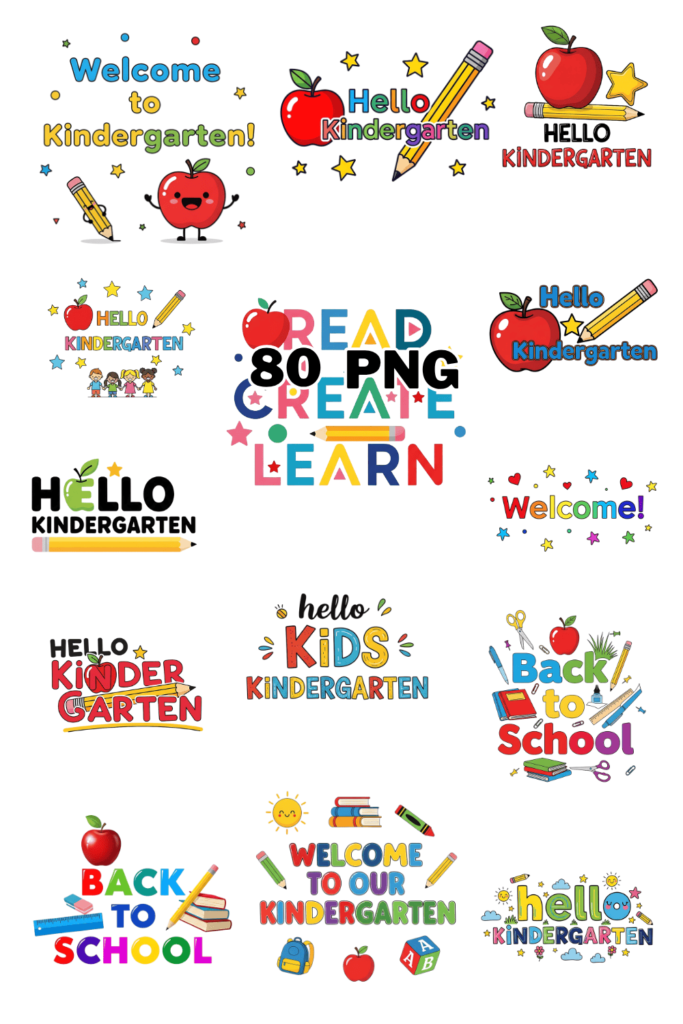 Cute Typography Kindergarten Back to School Sublimation Clipart Bundle ...