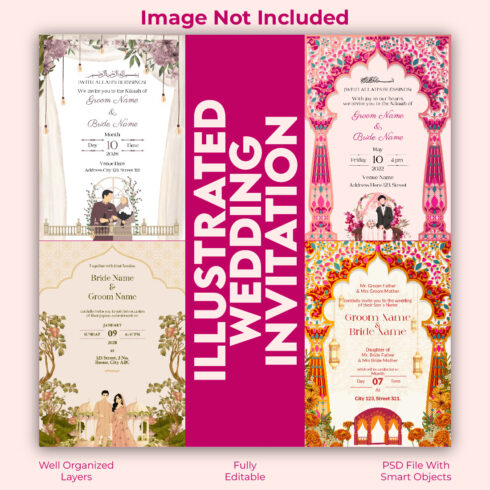 Premium Illustrated Wedding Invitation Bundle – 4 Elegant Floral & Aesthetic PSD Cards cover image.