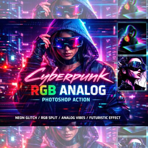 Cyberpunk RGB Analog Photoshop Action cover image.