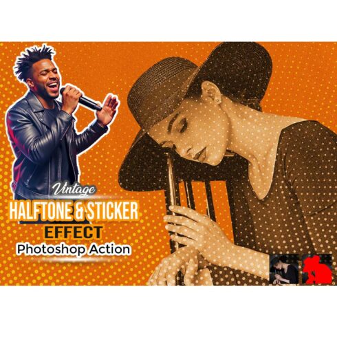 Vintage Halftone & Sticker Effect Photoshop Action cover image.