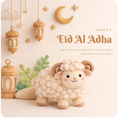 Adorable Plush Sheep Eid Al Adha T-Shirt Design cover image.