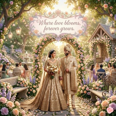 Romantic Garden Wedding 3D | Floral Couple Love T-shirt Design cover image.