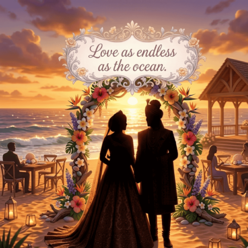 Beach Wedding Sunset 3D | Romantic Couple Ocean Love T-shirt Design cover image.